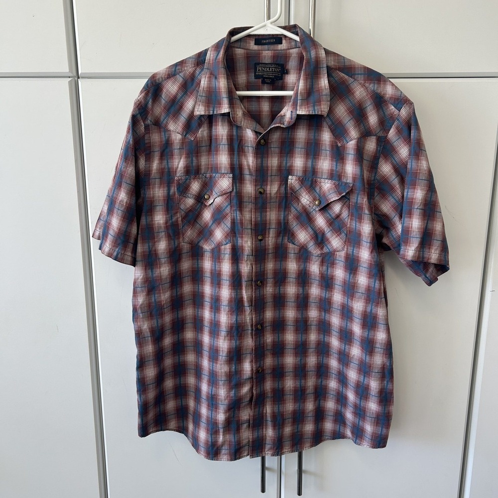 Pendleton Frontier Mens XL Short Sleeve Western Plaid Snap Button Shirt Red Blue